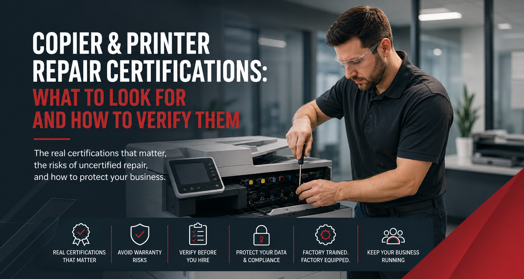 Certified copier and printer repair technician servicing a multifunction printer, illustrating how businesses can verify manufacturer repair certifications.