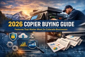 2026 Copier Buying Guide header image showing a modern office copier with a technician, Colorado mountain backdrop, and visual icons representing print security, cloud scanning, analytics, and contract evaluation for business copier buyers.