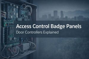 Blog header image with an access control badge panel circuit board and the title “Access Control Badge Panels: Door Controllers Explained” over a Colorado skyline background.