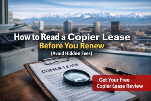 Blog header showing a copier lease document with a magnifying glass and the headline ‘How to Read a Copier Lease Before You Renew (Avoid Hidden Fees),’ plus a ‘Get Your Free Copier Lease Review’ button.”Blog header showing a copier lease document with a magnifying glass and the headline ‘How to Read a Copier Lease Before You Renew (Avoid Hidden Fees),’ plus a ‘Get Your Free Copier Lease Review’ button.”