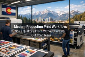 Modern print shop with a digital production press and wide-format printer as operators review a color proof and adjust a banner, with the Rocky Mountains and Denver skyline in the background and an overlay title reading “Modern Production Print Workflow: Scale Quality & Profit Without Burning Out Your Team.”ChatGPT can make mistakes. Check important info.