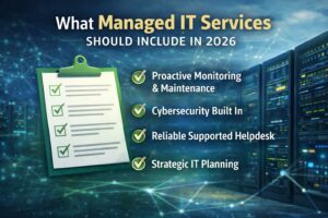 Managed IT services checklist highlighting cybersecurity, monitoring, and support for modern businesses