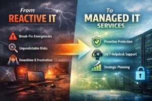 Infographic illustrating the move from break-fix reactive IT to managed IT services with proactive cybersecurity and helpdesk support
