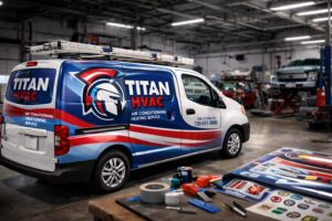 Professional vehicle wrap on a service van in an auto body shop, demonstrating fleet branding and wrap services for print shop growth.