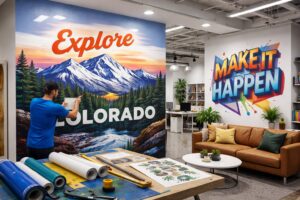 Custom wall graphics and interior branding installed in a modern office space, showcasing large-format wall murals as a high-margin revenue stream for print shops.