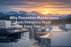 Colorado office copier with Rocky Mountains sunrise background and title overlay: “Why Preventive Maintenance Beats Emergency Repair Every Time”.