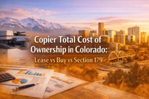 Copier total cost of ownership in Colorado header showing Denver skyline and Rocky Mountains with copier, calculator, and cost charts, titled “Lease vs Buy vs Section 179”.