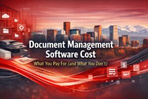 Document Management Software Cost blog header image with Denver skyline and Colorado mountains, red ABT-style branding, digital document and workflow icons, and title overlay text.