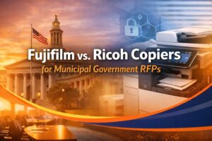 Fujifilm vs. Ricoh copiers for municipal government RFPs header image with warm city hall backdrop, modern office copier, and security icon overlay.