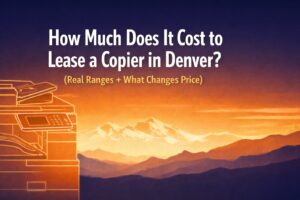 How much does it cost to lease a copier in Denver banner with copier illustration and mountain sunset background