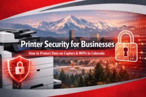 Printer Security for Businesses blog header showing a modern office MFP with a security lock icon and Colorado mountains/Denver skyline background.