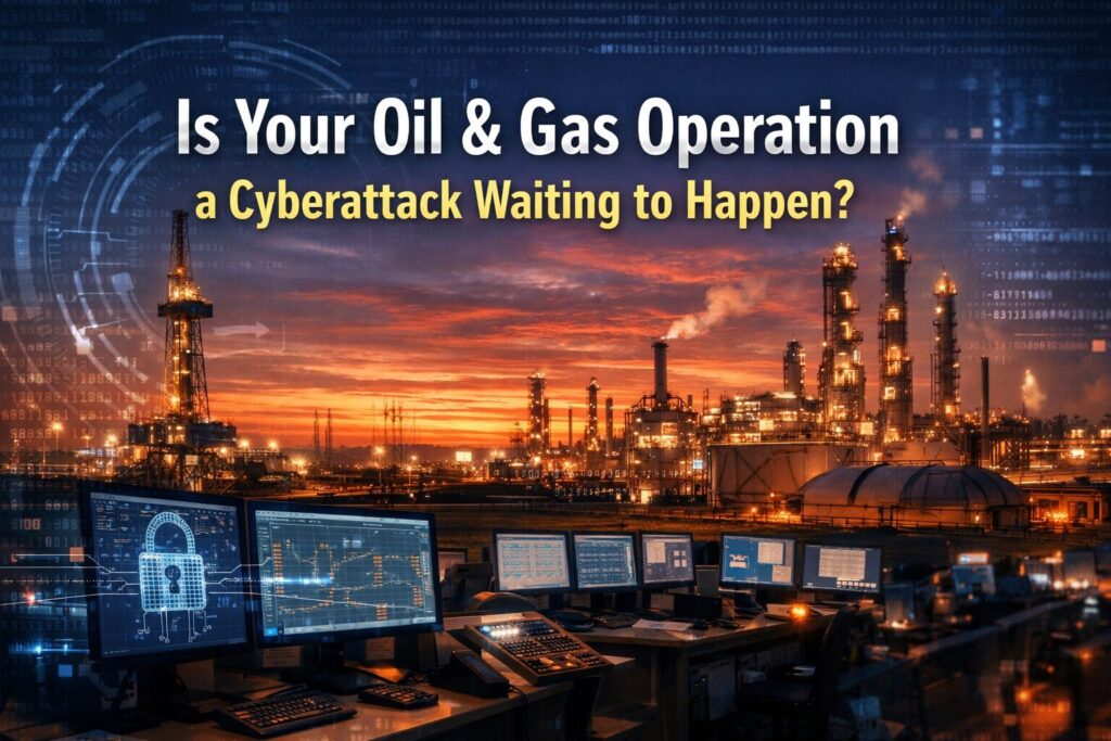 Oil and gas facility control room with cybersecurity threat overlay — managed IT security for Colorado energy companies