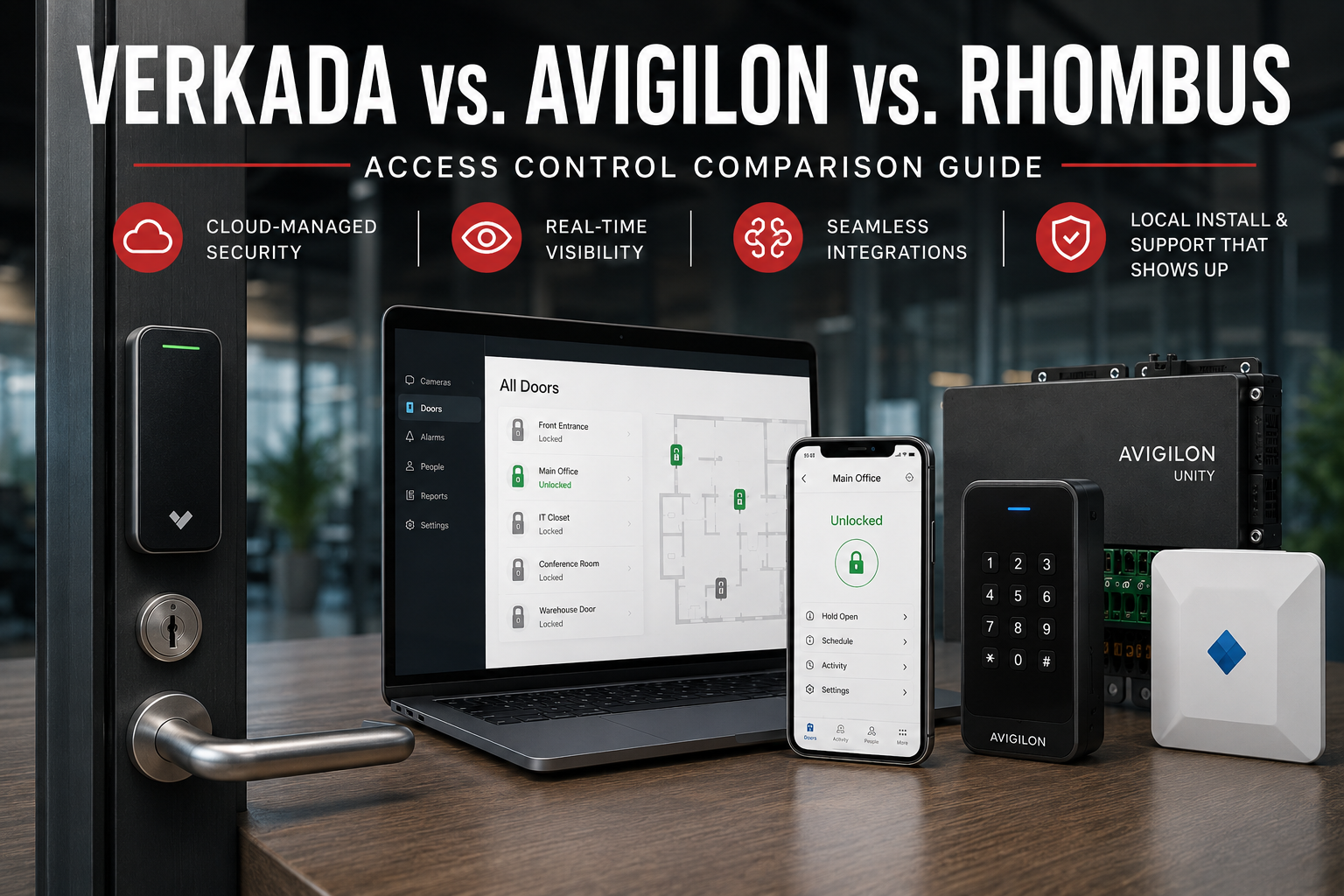 Verkada vs. Avigilon vs. Rhombus access control comparison featuring cloud-managed security technology