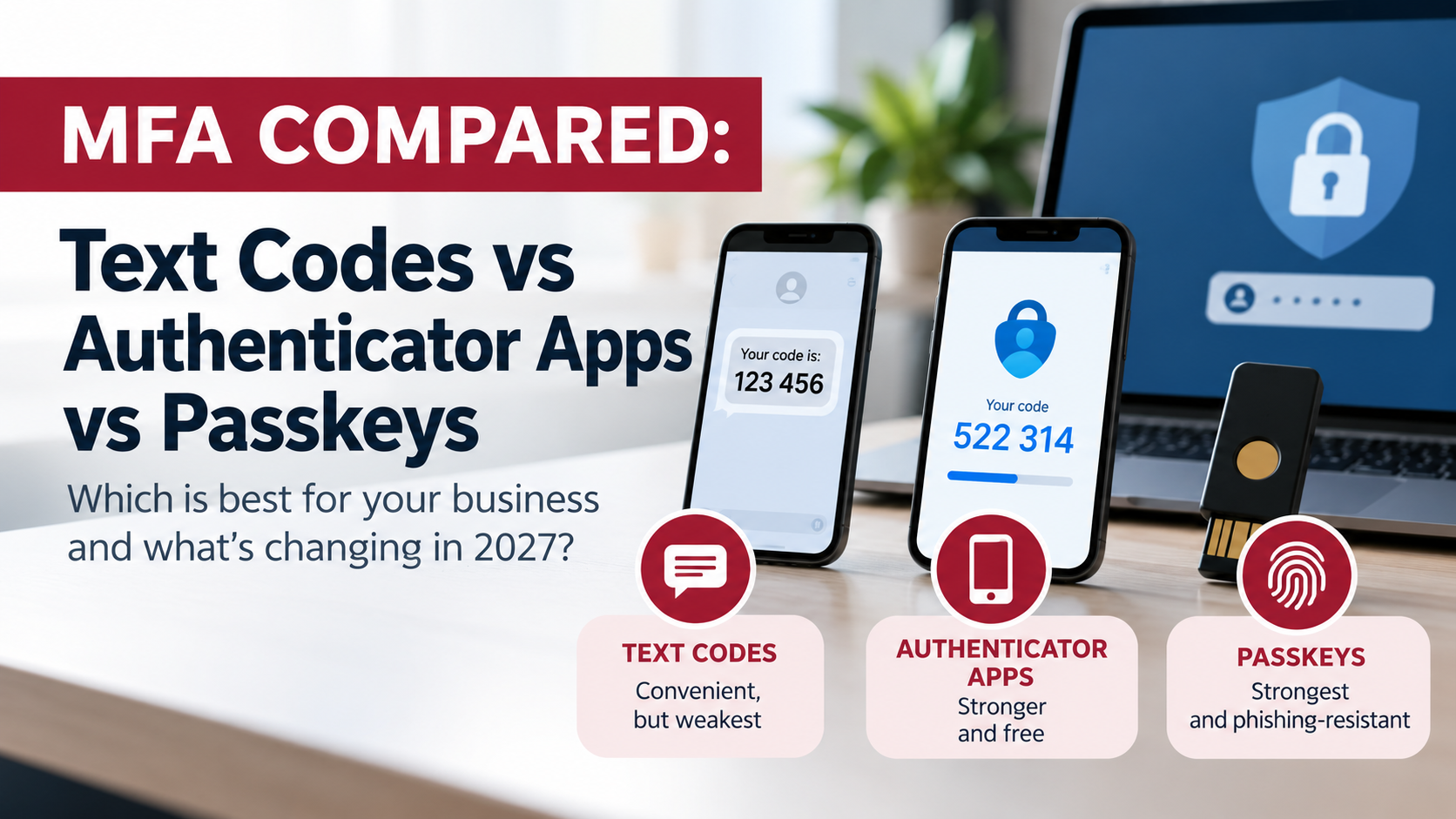 Comparison of three multi-factor authentication methods for businesses: SMS text codes, authenticator apps, and phishing-resistant passkeys.