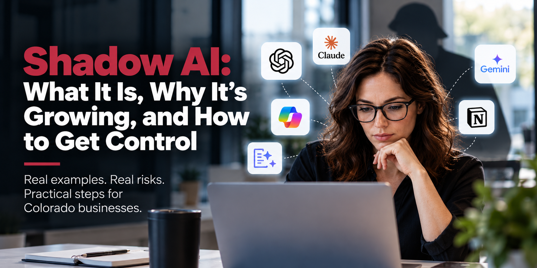 Employee using AI tools at work, illustrating shadow AI security risks, unauthorized AI applications, and the need for business AI governance.