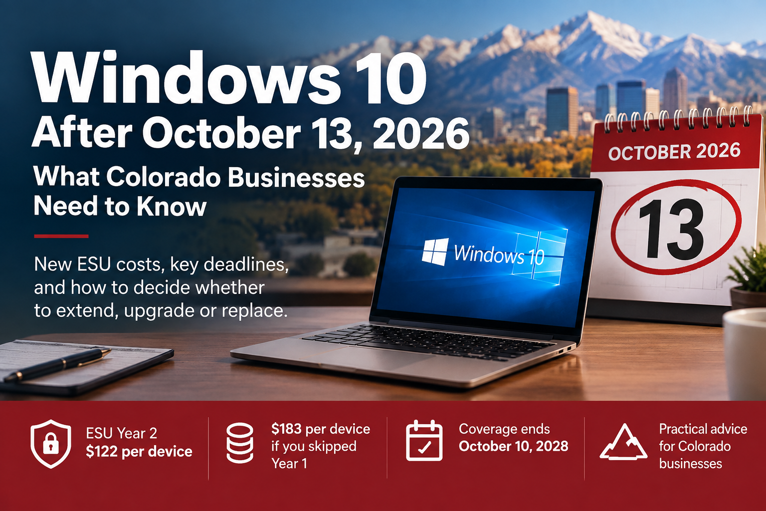 Windows 10 October 13, 2026 deadline graphic for Colorado businesses showing ESU costs and upgrade options